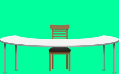 Yeşil arka planda beyaz masa ve ahşap sandalye