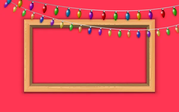 Cadre Photo Bois Lumière Suspendue Colorée Sur Fond Rouge — Image vectorielle