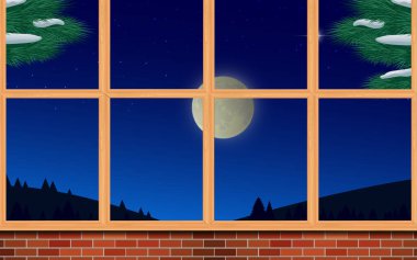 Dağın manzarası kışın dolunay gecesi pencerelerde.