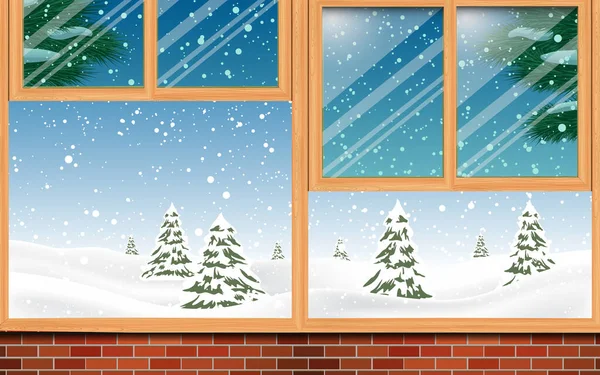 Ландшафт Снега Деревянного Окна Доме — стоковый вектор