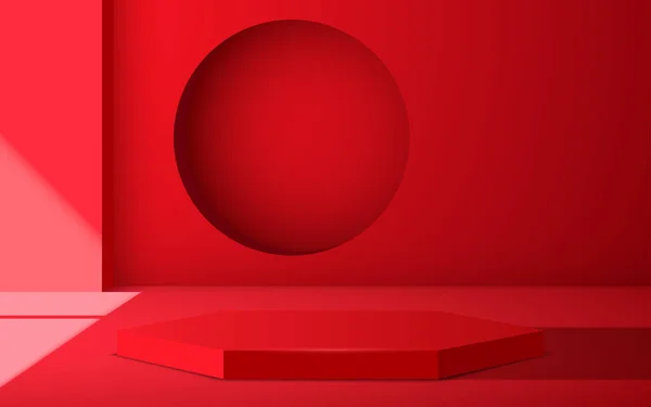 Κόκκινο Εξάγωνο Βάθρο Ηλιακό Φως Από Παράθυρα Στο Κόκκινο Δωμάτιο — Διανυσματικό Αρχείο