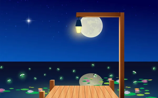 Paisaje Puente Madera Pantano Loto Noche Luna Llena — Vector de stock