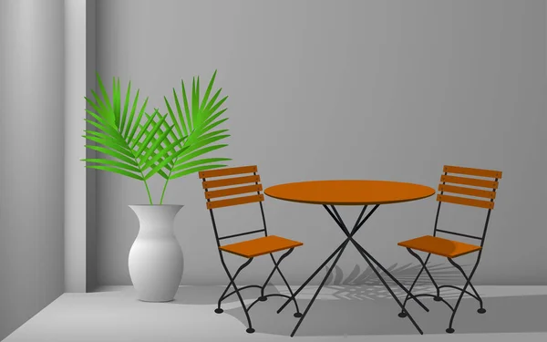 Houten Tafel Stoelen Met Plant Witte Vaas Witte Kamer — Stockvector