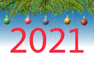 2021 numara ve kar ormanındaki çam ağacının üzerindeki renkli ampul.