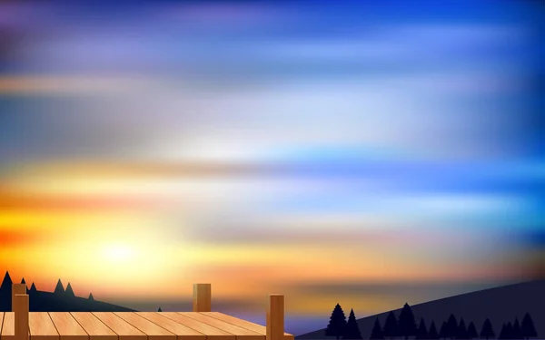 朝の山の上の木製の橋の風景 — ストックベクタ