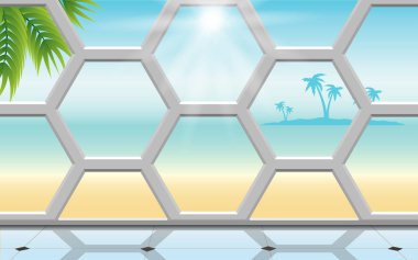 Altıgen pencerelerdeki güneş ışığı Yazın sahildeki bungalovun pencereleri