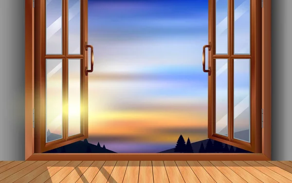 早上在房子的木头窗前有一张木制桌子 上面有窗帘 — 图库矢量图片
