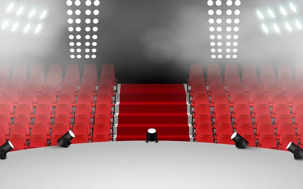 Escenario Blanco Con Proyector Asientos Rojos Pasillo — Vector de stock