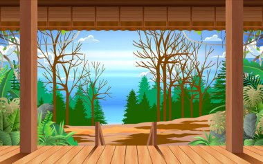 Gündüz vakti ahşap evde orman manzarası