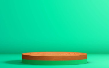 Yeşil odadaki yeşil podyumda ahşap podyum