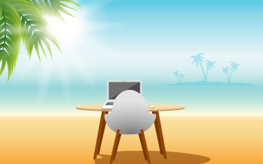 Tahta masada bir labirent ve yazın sahilde beyaz bir sandalye.