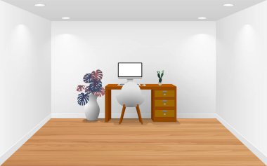 Beyaz odadaki ahşap masada bilgisayar var.