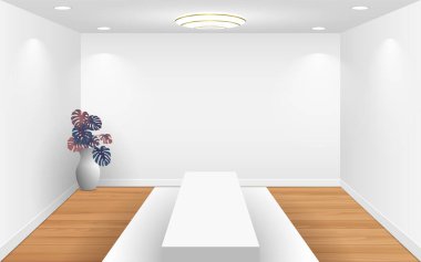 Beyaz galeri odasında beyaz bir bank.