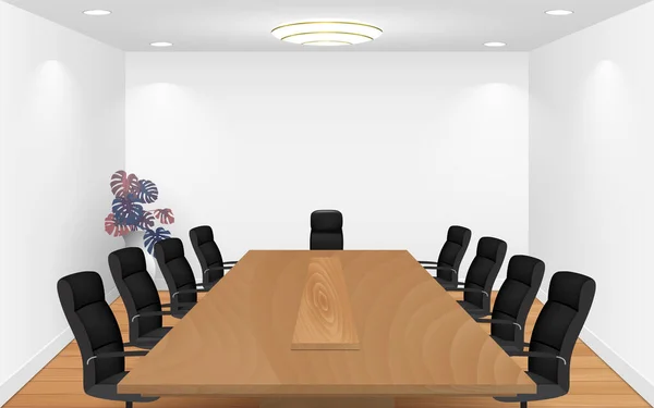 白色房间里的木制会议桌和椅子 — 图库矢量图片