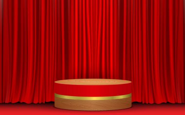 Kırmızı perdeli ahşap kürsü stüdyo odası