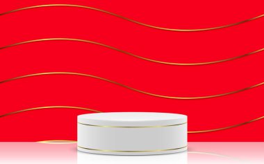 Beyaz podyum kırmızı ve altın arka planda beyaz odada