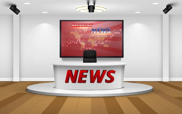 White Table Breaking News Led Screen Background News Studio Room — Stock Vector