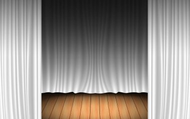 Beyaz perde ve spot ışıkları, karanlık odadaki ahşap zeminde.