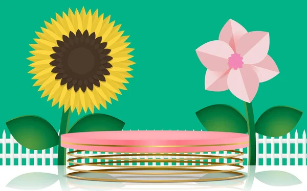 Podium Cylindre Rose Sur Printemps Doré Avec Fond Fleurs Colorées — Image vectorielle