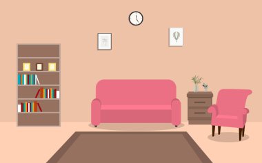 Evdeki oturma odasında pembe kanepe ve kitap rafı.