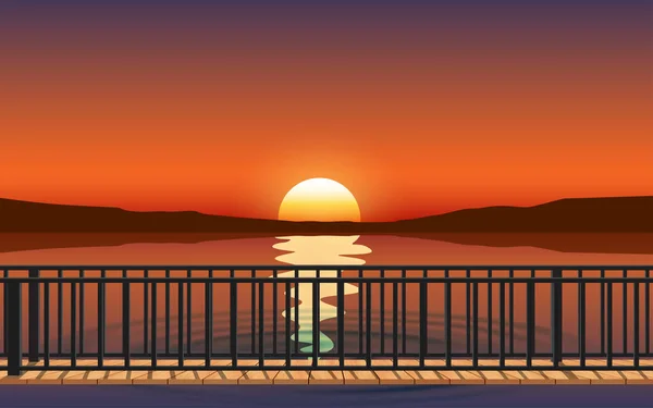 Paysage Pont Bois Sur Plage Coucher Soleil — Image vectorielle