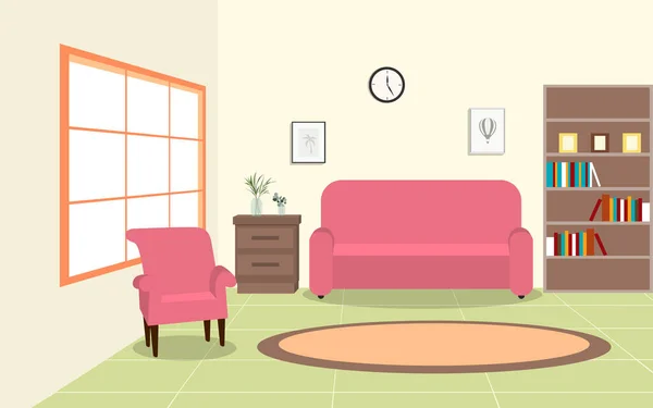 Sofa Merah Muda Dan Rak Buku Ruang Tamu Rumah - Stok Vektor