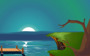 Gecenin içinde dağ olan gölün manzarası.