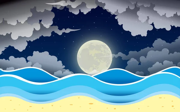 Landscape Beach Full Moon Night — Stock Vector