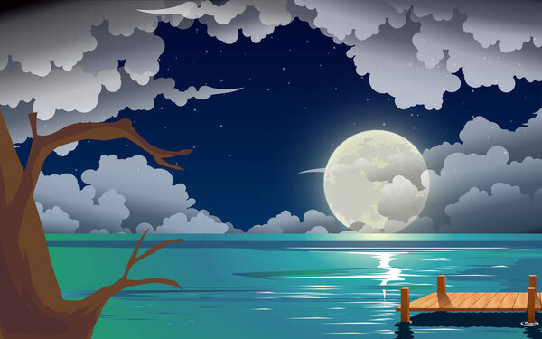 пейзаж лагуны в лунную ночь