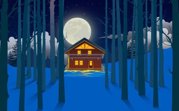 Casa Madera Bosque Nieve Noche Luna Llena — Vector de stock