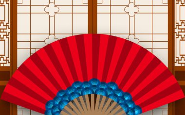 Çin duvarının arka planında Çince fan var.