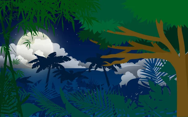 月圆之夜的森林景观 — 图库矢量图片