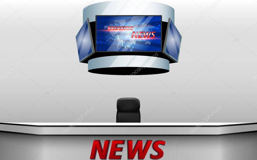 table and chairs with breaking news live on led screen background in the news studio room