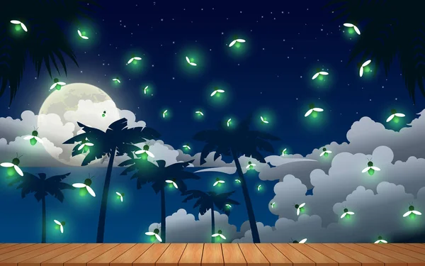 Table Bois Luciole Volant Dans Jungle Dans Nuit Pleine Lune — Image vectorielle