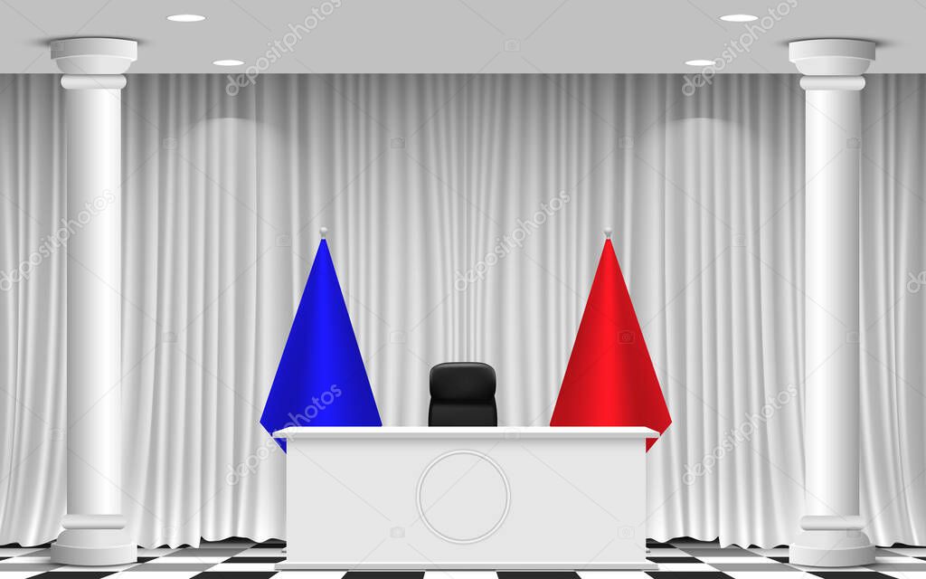 white table and colorful flags with white curtain in the white room
