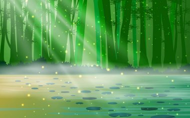 Ateşböcekleri gece yarısı ormandaki bataklıkta