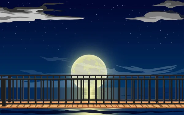 Landscape Wooden Bridge Beach Full Moon Night — Stock Vector