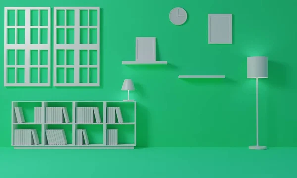 Muebles Blancos Con Ventanas Blancas Representación Room Verde —  Fotos de Stock