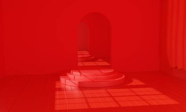 Kırmızı podyum kırmızı oda 3D görüntüleme.