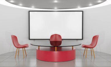 Haber stüdyosunda arka planda LCD olan kırmızı masa ve sandalyeler..