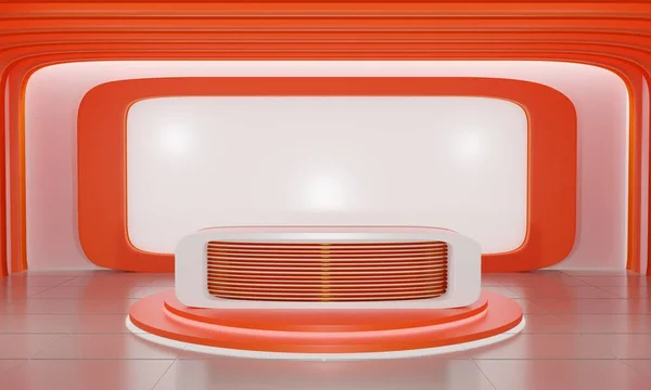 Orangefarbener Tisch Und Lcd Hintergrund Einem Raum Des Nachrichtenstudios Rendering — Stockfoto
