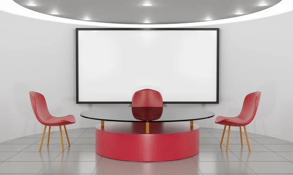 Red Table Chairs Lcd Background News Studio Room Rendering — Stock Photo, Image