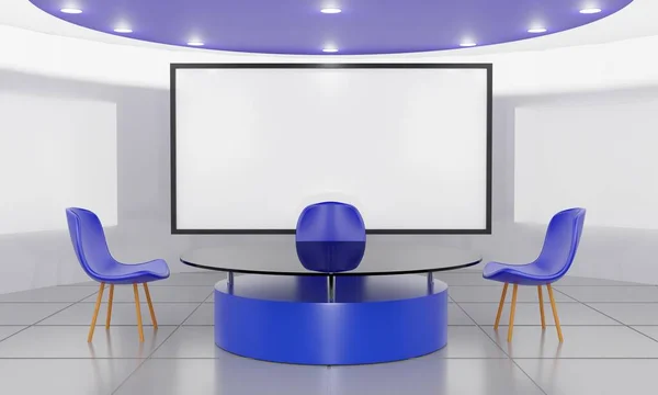 Beyaz Masa Haber Stüdyosu Görüntüleme Odasında Mavi Işık Arka Planıyla — Stok fotoğraf