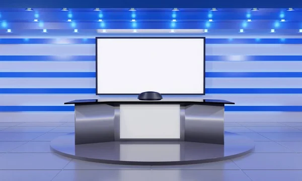 White Table Stand Blue Light Background News Studio Room Rendering — Stock Photo, Image