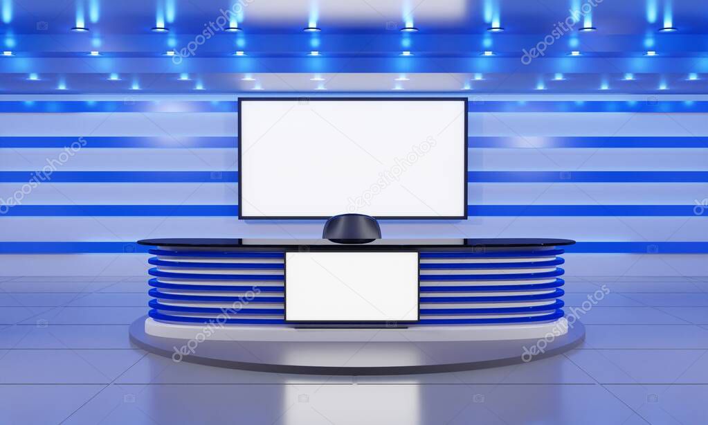 white table on stand with blue light background in a news studio room.3d rendering.