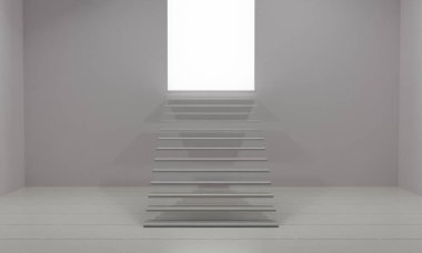 Beyaz tavanlı beyaz merdiven 3D görüntüleme..