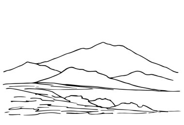 El çizimi siyah taslak basit vektör çizimi. Dağın çevresi, çizgiler, tepeler, panoramik manzara, kayalık arazi. Turizm, seyahat, dağcılık. Dağlık ülkelerin vahşi yaşamı.
