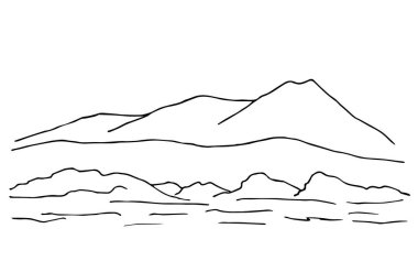El çizimi siyah taslak basit vektör çizimi. Dağın çevresi, çizgiler, tepeler, panoramik manzara, kayalık arazi. Turizm, seyahat, dağcılık. Dağ ülkelerinin vahşi yaşamı.