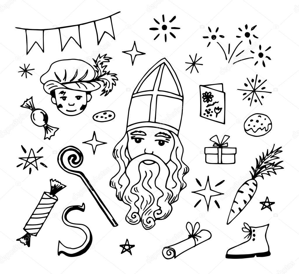 Hand-drawn vector sketch. Set of elements for the decoration of the traditional holiday St. Nicholas Day, Sinterklaas. Boot, carrot, flogs, fireworks, garland, stars.