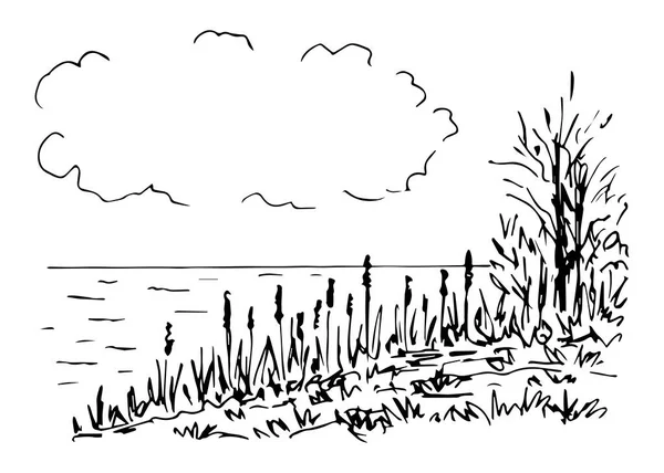 Croquis Vectoriel Simple Dessiné Main Avec Contour Noir Paysage Nature — Image vectorielle